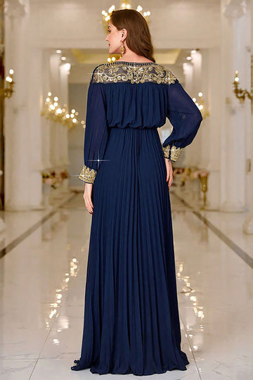 Navy Pleated A Line Boat Neck Long Ball Dress